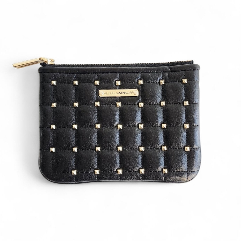 Rebecca Minkoff Black Leather Zippered Pouch Wallet with Gold Studs